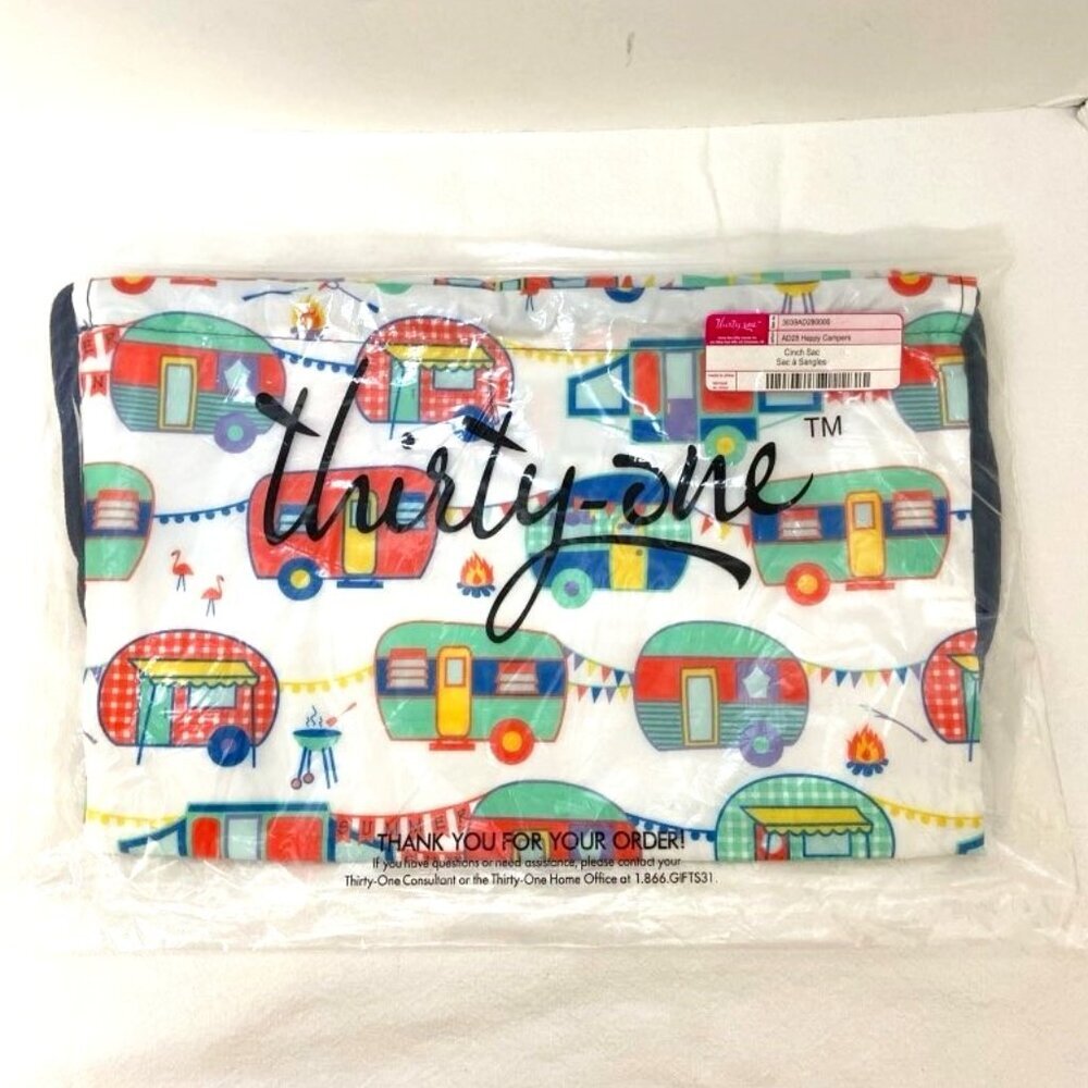 Thirty-One Happy Campers Cinch Sac Drawstring Backpack Camping Pool Overnight